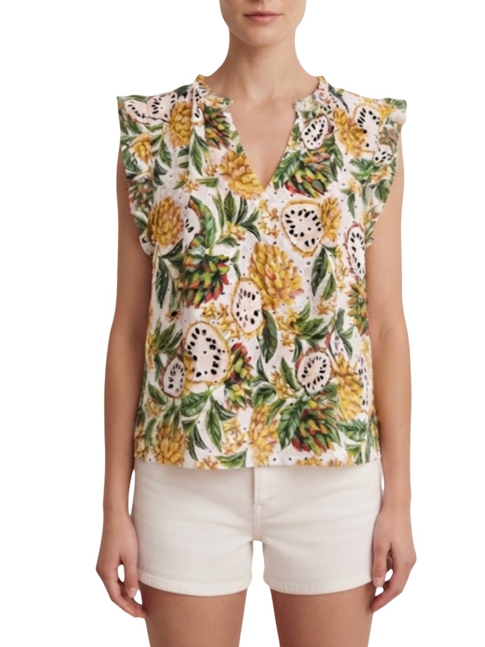 Philosophy Republic Tropical Eyelet Pineapple Dragon Fruit Ruffle Top XL NWT